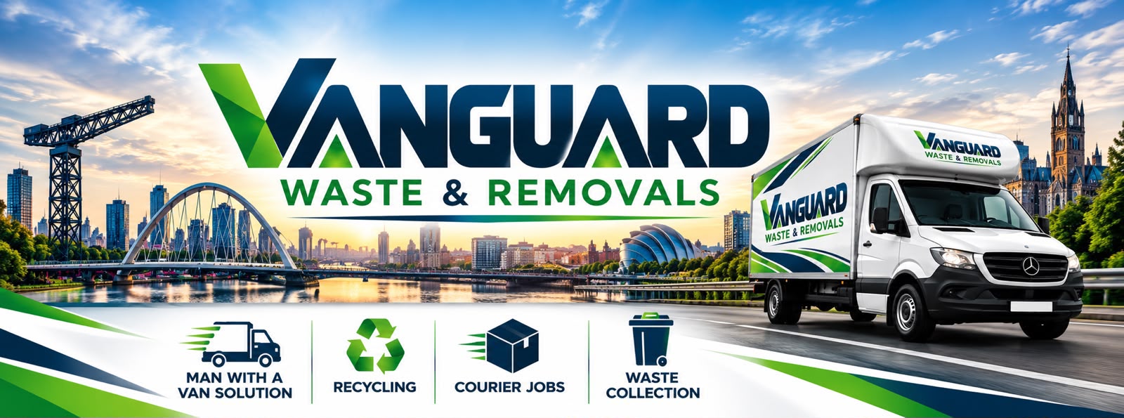 Vanguard promotional artwork with its branding, a Glasgow skyline and an illustrated delivery van